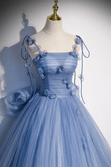 Blue Spaghetti Strap Tulle Long Dress, Blue Evening Dress with Bow