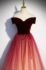 Burgundy Velvet Tulle Long Prom Dresses, Off the Shoulder Formal Evening Dresses