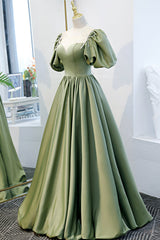 Green Satin A-Line Long Formal Dress, Green Junior Prom Dress