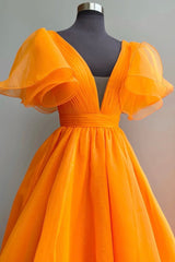 Orange Organza Long A-Line Prom Dress, Beautiful V-Neck Evening Dress