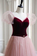 Burgundy Velvet and Pink Tulle Long A-Line Prom Dress, Lovely Party Dress