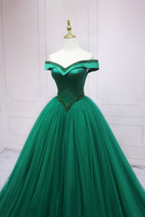 Green Tulle Long A-Line Ball Gown, Off the Shoulder Evening Dress