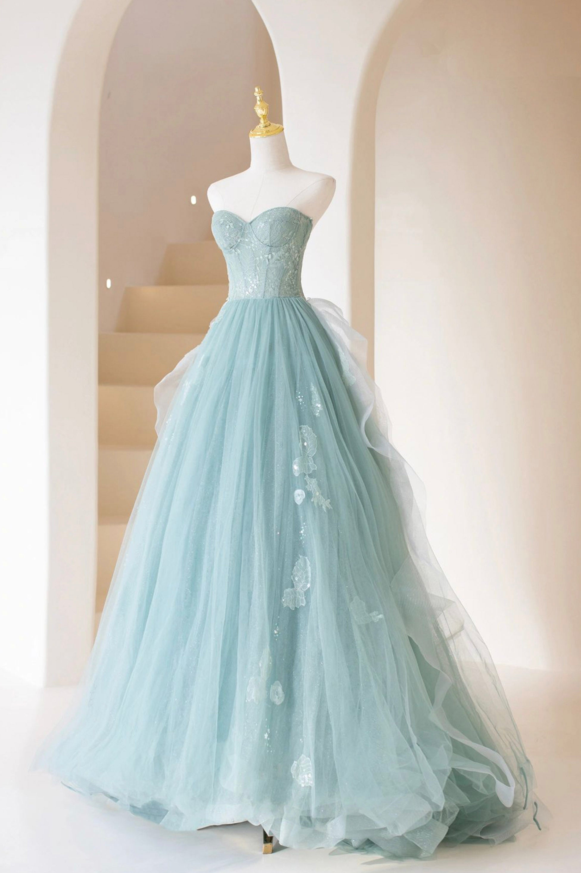 Cute Tulle Strapless Long Prom Dress, A-Line Lace Formal Evening Dress