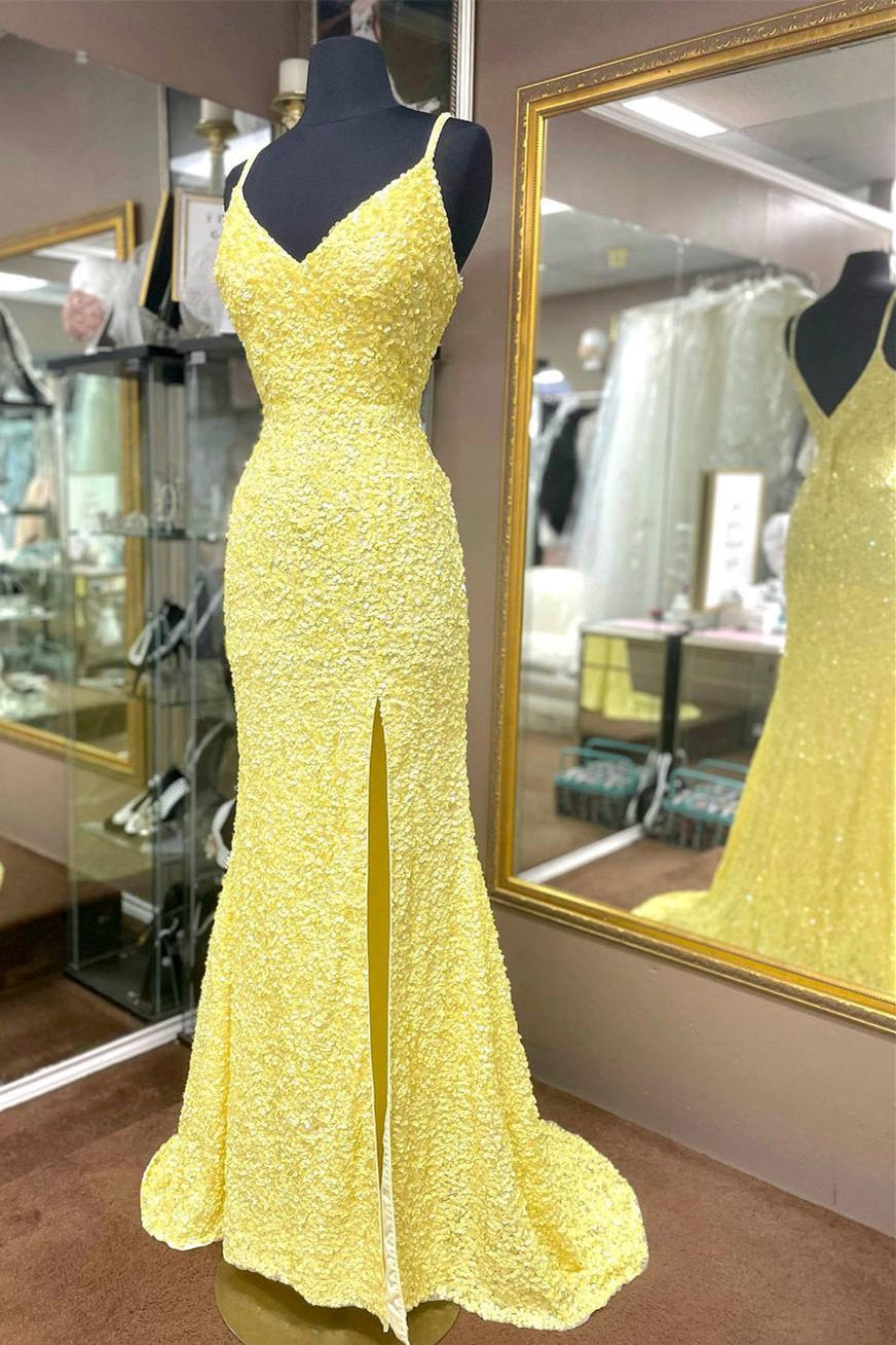 Elegant Yellow Sequins Mermaid Prom Dress