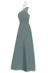 Dark Sage Green Chiffon One-Shoulder Long Bridesmaid Dress