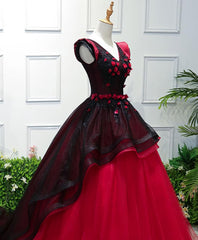 Unique Burgundy V Neck Tulle Long Prom Dress, Burgundy Evening Dress