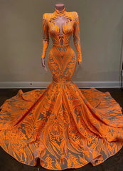 Heißer orange hoher Nacken Langarmer Meerjungfrau Pailletten -Prom -Kleider