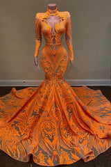 Heißer orange hoher Nacken Langarmer Meerjungfrau Pailletten -Prom -Kleider