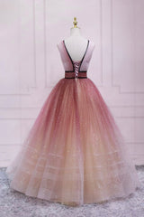 Cute Ombre Tulle V-Neck Long Party Dress, A-line Prom Dress