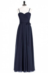 Black Chiffon Sweetheart Spaghetti Straps A-Line Long Bridesmaid Dress