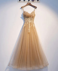 Champagne Tulle Lace Long Prom Dress, Champagne Evening Dress, 9