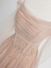 Champagne Pink Tulle Beads Long Prom Dress, Champagne Evening Dress