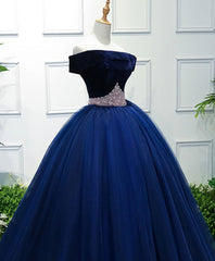 Dark Blue Tulle Off Shoulder Long Prom Dress, Blue Sweet 16 Dress