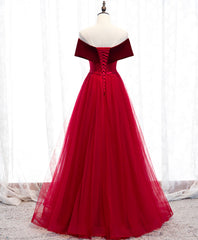 Burgundy Tulle Off Shoulder Long Prom Dress, Burgundy Formal Dress