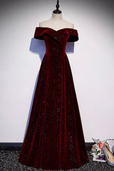 Burgundy Velvet Long Prom Dresses, Off the Shoulder Evening Dresses