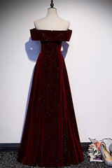 Burgundy Velvet Long Prom Dresses, Off the Shoulder Evening Dresses