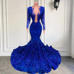 Hot Sparkle Royal Blue Paillon Langarmes Meerjungfrau Prom -Kleider