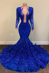 Hot Sparkle Royal Blue Paillon Langarmes Meerjungfrau Prom -Kleider