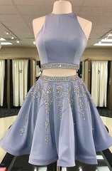 Princess/A-Line Knee Length Two Pieces Satin Prom Dresses