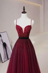 Burgundy Tulle Beaded Long Prom Dress, A-Line Spaghetti Strap Evening Dress