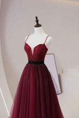 Burgundy Tulle Beaded Long Prom Dress, A-Line Spaghetti Strap Evening Dress