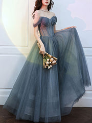 A Line Sweetheart Neck Gray Blue Tulle Long Prom Dress, Blue Evening Dress