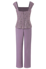 Three-Piece Mauve Square Neck Mother of the Bride Pant Suits