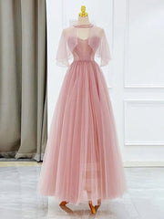 Pink Tulle Tea Length Prom Dress, Pink Tulle Formal Dress