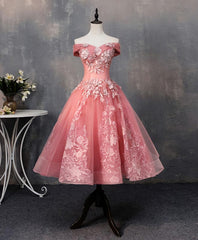 Pink Tulle Lace Off Shoulder Short Prom Dress, Pink Homecoming Dress