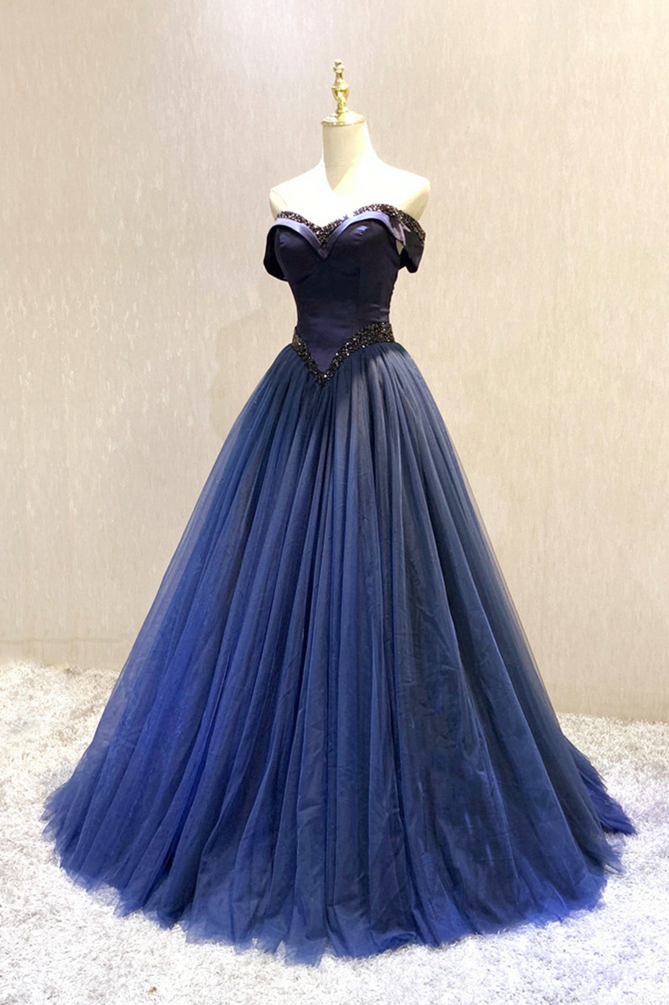 A-Line Tulle Beading Long Prom Dresses, Off the Shoulder Evening Dresses