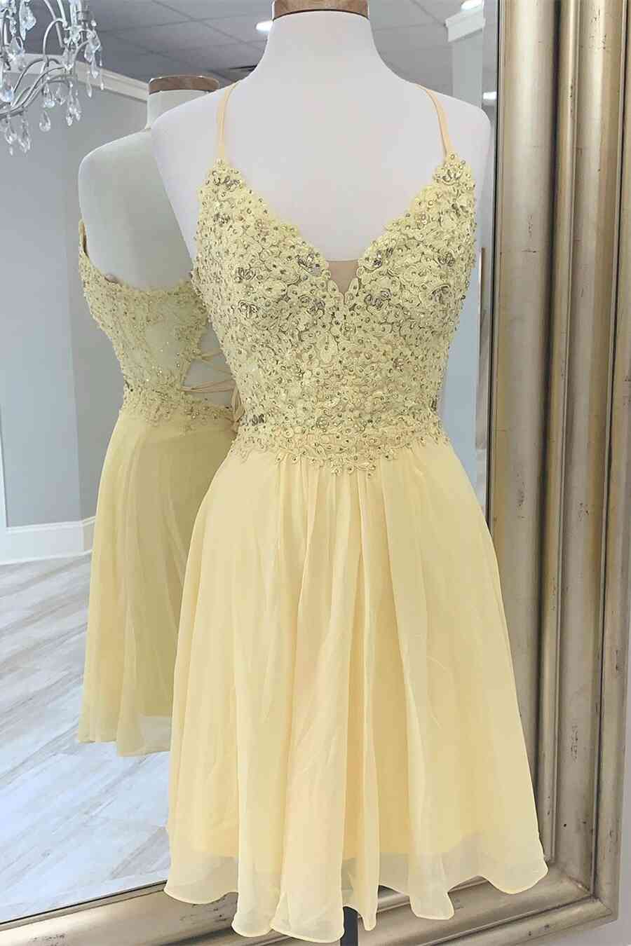 V-Neck Yellow beaded Lace Applique Homecoming Dress