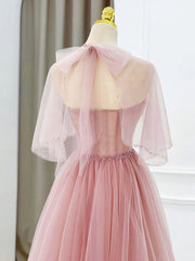 Pink Tulle Tea Length Prom Dress, Pink Tulle Formal Dress