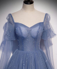 Blue Tulle Sweetheart Long Prom Dress, Blue Tulle Formal Dress