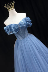 Blue Tulle Beaded Long Prom Dress, Elegant A-Line Blue Evening Dress