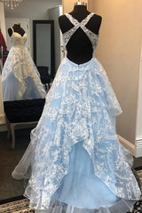 Elegant eine Linie Blue Open Rücken Appliken Prom -Kleid, langes Abendkleid, 9928