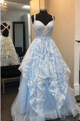Elegant eine Linie Blue Open Rücken Appliken Prom -Kleid, langes Abendkleid, 9928