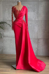 Wunderschöne rote Langarm -Meerjungfrau Abendkleid Spitze Applikationen Promkleid Rüschen