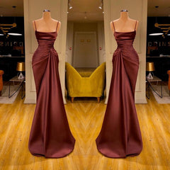 Burgundy Spaghetti-Straps Mermaid Ruffles Prom Dress Long