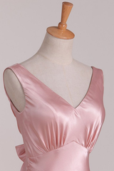 Pink V Neck Satin Backless Long Party Dress Bridesmaid Dress