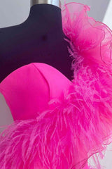 Ruffled Tulle Shoulder Hot Pink Short Homecoming Dress with Feather