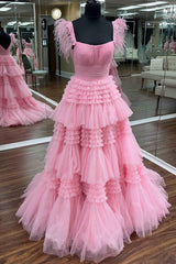 Cold Shoulder Pink Feathers A-Line Tiered Prom Dress