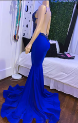Meerjungfrau Blue Long Prom Kleider, Satin Spitze ärmellose Abschlussballkleid