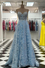 Sweetheart Neck Blue Lace Appliques Long Prom Dress, With Long Sleeves Blue Lace Floral Formal Graduation Evening Dress