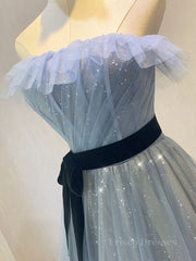 A-Line Gray Blue Tulle Long Prom Dress, Gray Blue Long Formal Dress