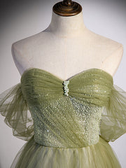 A Line Green Tulle Long Prom Dress, Green Formal Evening Dress with Beading