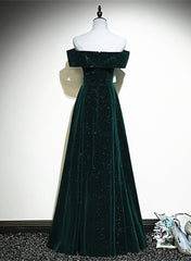 A-line Off Shoulder Green Velvet Simple Party Dress, Green Prom Dress Formal Dress