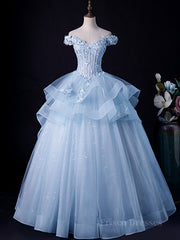 A-Line Off Shoulder Lace Tulle Blue Long Prom Dress, Blue Sweet 16 Dress