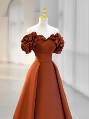 A-Line Off Shoulder Satin Orange Long Prom Dress, Orange Formal Evening Dress