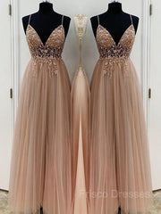 A-Line/Princess V-neck Floor-Length Tulle Prom Dresses With Beading