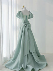 A-Line Puff Sleeves Green Long Prom Dress, Green Formal Dress